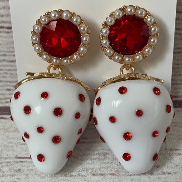 Betsey Johnson White Strawberry Earrings with Red Jewels and Faux Pearls - Picture 2 of 11